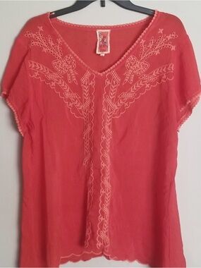 Johnny Was Coral Embroidered V-Neck Tunic Top